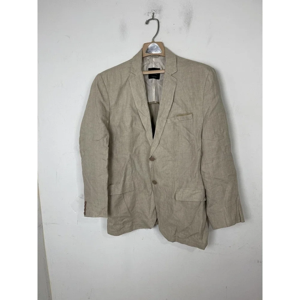 Zara‎ Mens Blazer Mens Large 44 Tan 100% Linen Summer Wedding Classic Casual